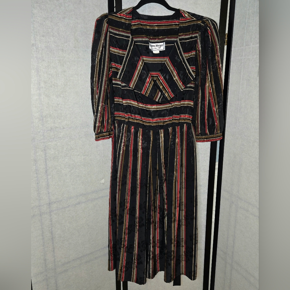 Vintage Black Red Gold Striped Floral Embossed Midi Medium Dress Union Made - Picture 2 of 10